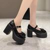 Summer and Autumn Fashion New Solid Color Bowknot Popular Thick-soled Buckle Round Toe High-heeled Shoes for Women