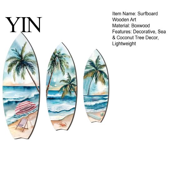 Multi-layer Polished Wood Art 3Pcs Wooden Surfboard Wall Decor, Natural Hanging Sign, Eco-friendly Sculpture Lightweight Tropical Summer Theme