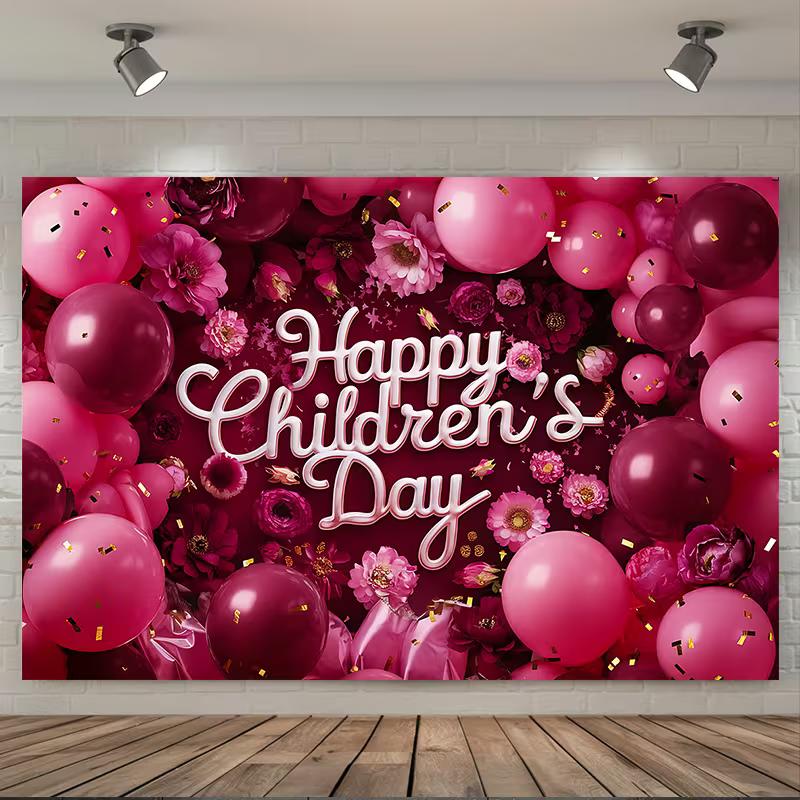 2D Happy Children's Day Backdrop, Pink & Magenta Balloon Flower Party Background