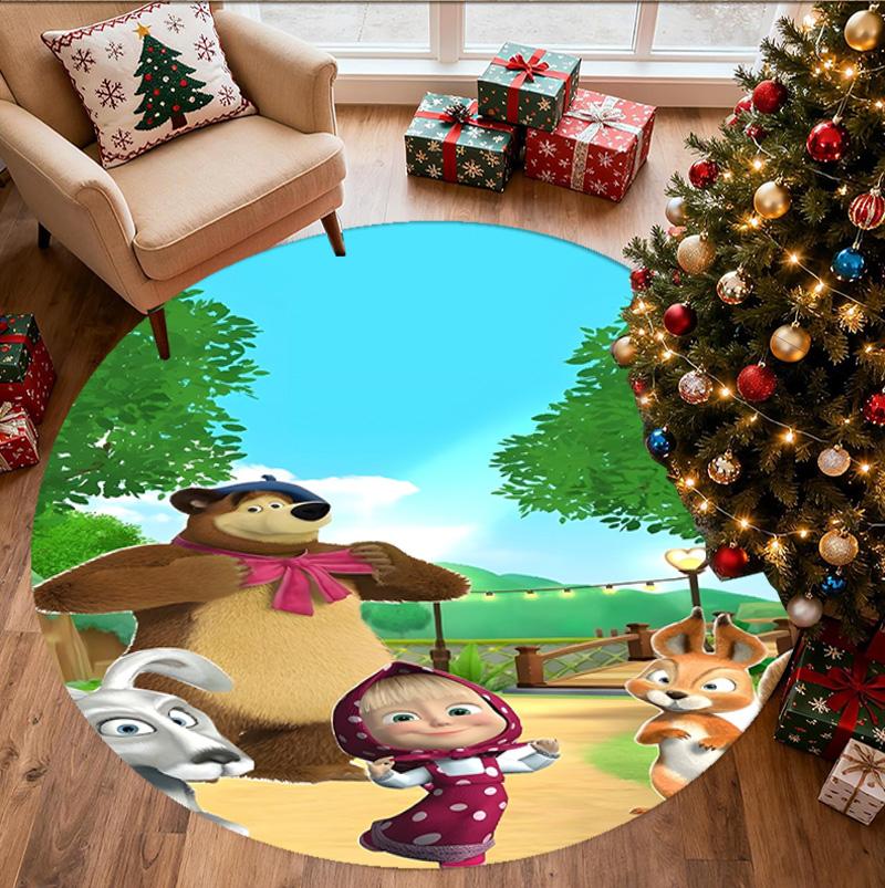 Masha and The Bear Pattern Round Rug, Indoor/Outdoor Mat, for Picnic, Gameroom, Bedroom, Office, Living Room, Home Decor Carpet, Birthday Gift