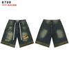 2026 Mens Denim Shorts Heavyweight Star Rhinestone Straight Leg Streetwear