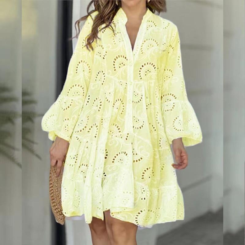 Summer Casual Solid Lace Dress Women Elegant V-neck Loose Hollow Embroidery Dress Women Vintage Beach Sexy Mini Dresses 27725