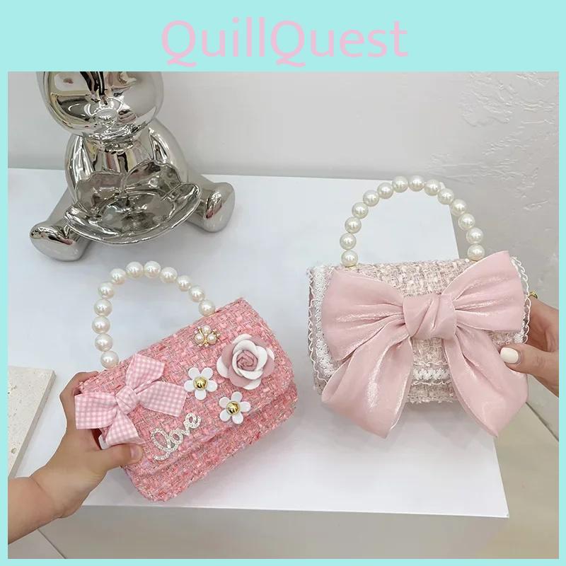 Девочки в стиле принцессы Шерстяная хлопковая сумочка с жемчужными деталями и украшением в виде бабочки на каждый день