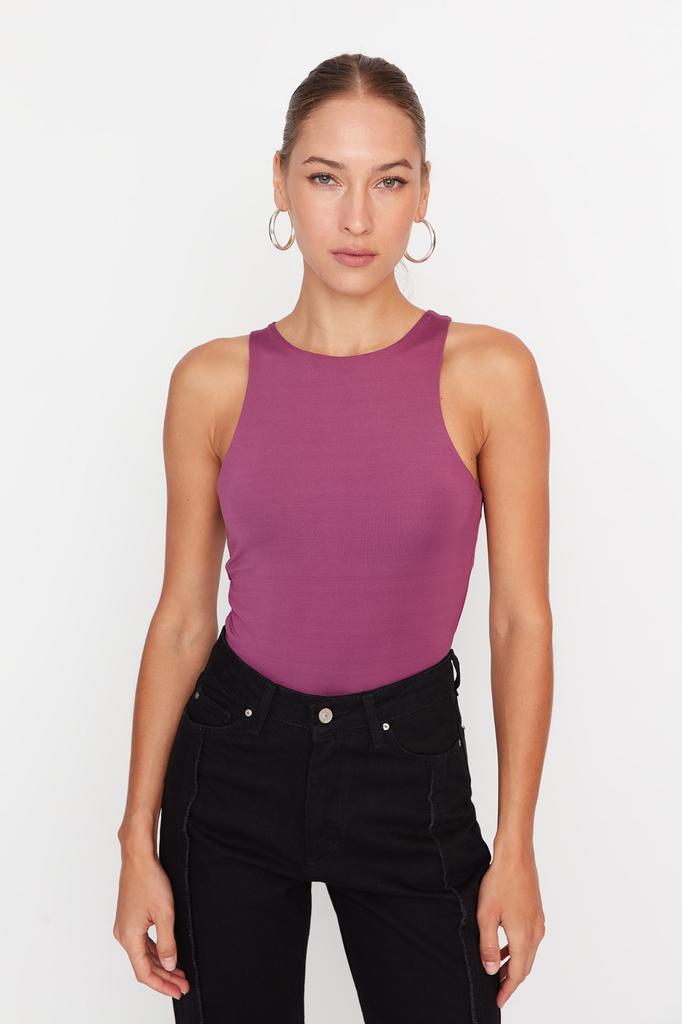 Women's Fashion New Bodysuit Green Halter Neck Fitted Flexible Snap Fastener Knitted Bodysuit