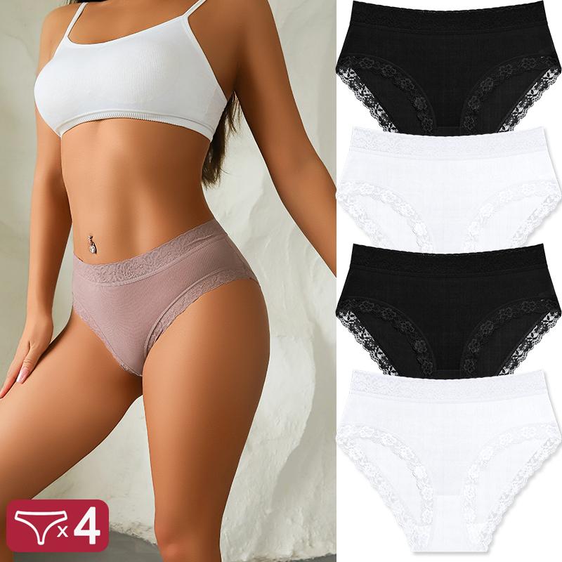 4Pcs Lace Plus Size Underwears Women's Sexy Panties High Quality Striped Briefs Girls Solid Sports Comfortable Lingerie