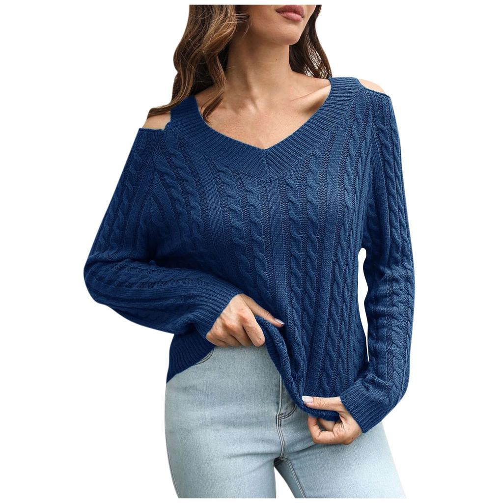 Женский свитер с открытыми плечами, V-образным вырезом, свободный, зимний, с длинным рукавом, вязаный