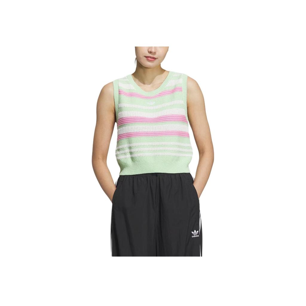 Adidas Striped Round Neck Casual Knit Sleeveless Vest Women Tops Light-Green JI7052