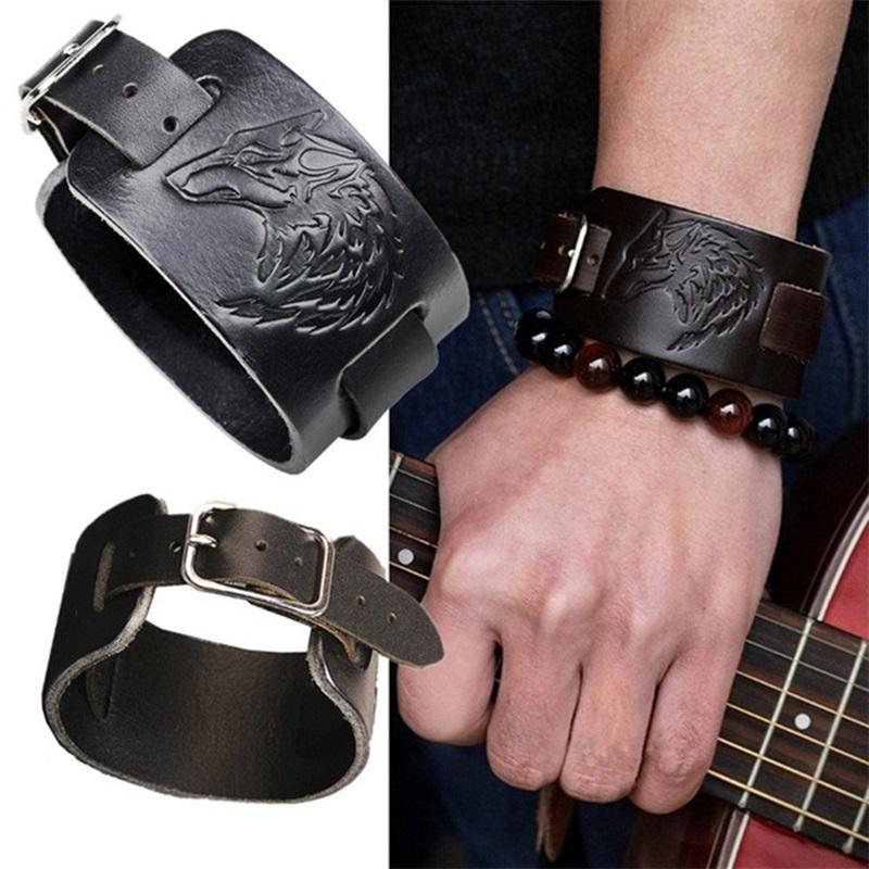 Punk Men Women Wolf Wide Genuine Leather Belt Bracelet Cuff Wristband Bangle