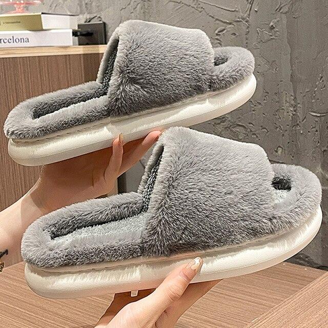 Woman Super Soft Indoor Fur Slippers Winter Platform Warm Plush Slipper Female House Cotton Shoes Bedroom Antiskid Sewing Slides