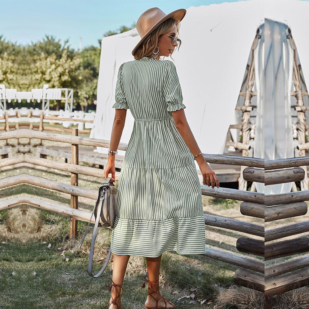 Женские полосатые повседневные платья с короткими рукавами и кисточками средней длины, летние платья на пуговицах с v-образным вырезом для женщин