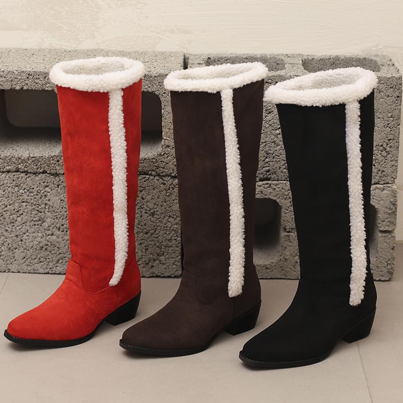 Women's Low-heeled Boots Autumn and Winter New Comfortable and Warm Thick-heeled Large-size Plush Medium Boots
