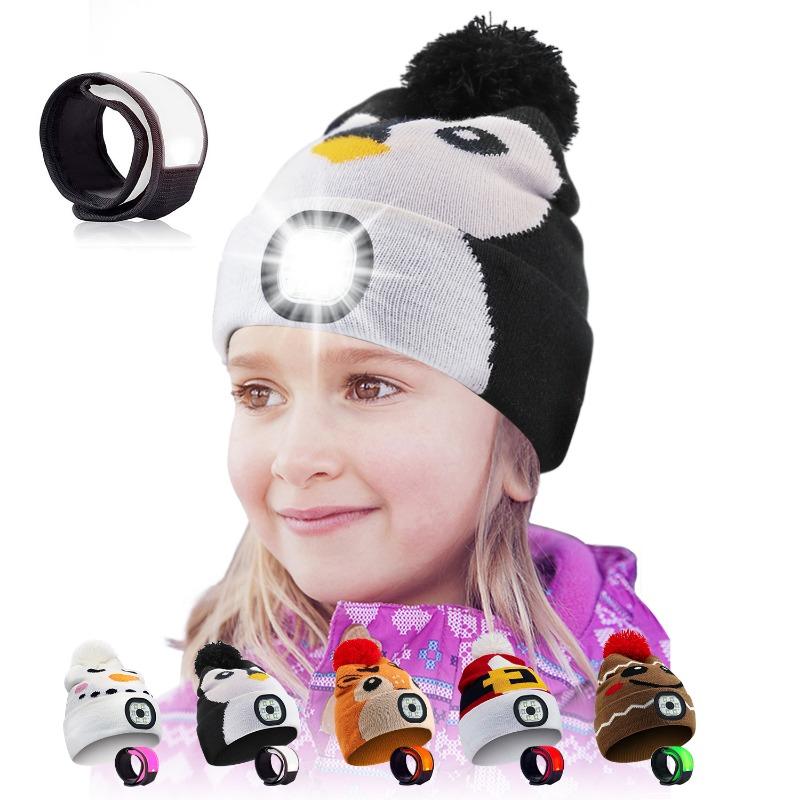 Kids LED Hat USB Rechargeable Headlamp Hat with LED Bracelet Winter Warm Knitted Night Light Hat Suitable for Camping Running Walking