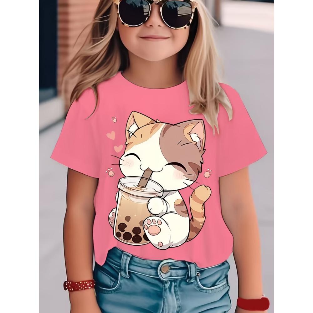 Girls' clothing 3D printed children's T-shirt round neck pullover, girls' short sleeved T-shirt, comfortable children's clothing