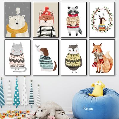 Лиса Кролик Медведь Олень Детская Настенная Картина Холст Картины Плакаты Мультфильм Животное в Свитере Принт Настенные Панно Декор Для Детской Комнаты
