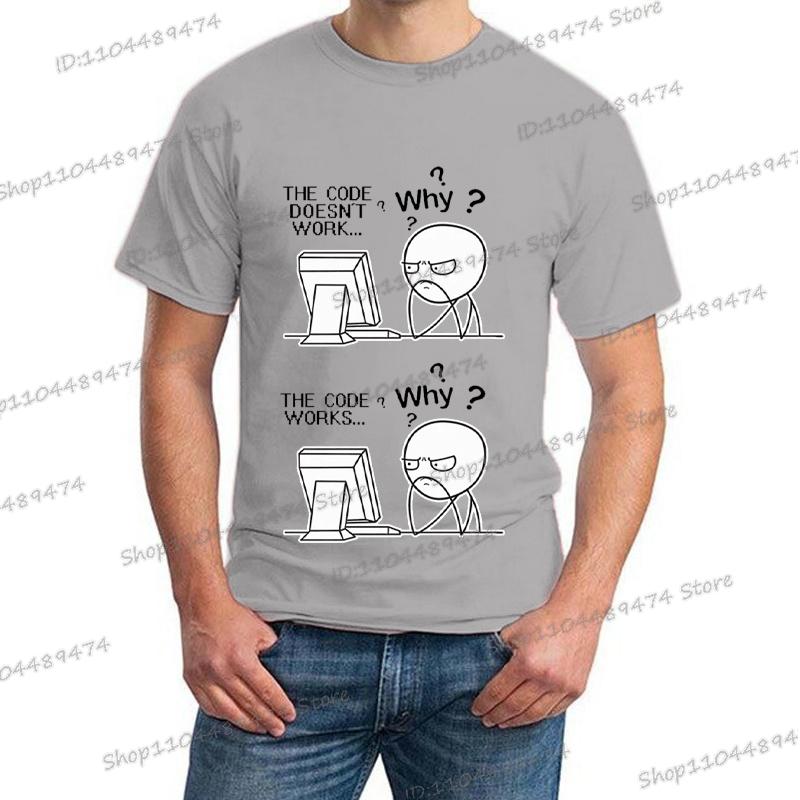 Креативный Программист Код Работает Почему Повседневная Футболка с Принтом Короткий Рукав Homme Футболка Хиппи Мода Уличная Одежда для Мужчин