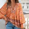 Floral Print V Neck Blouse Casual Floral Print V Neck Blouse  Drawstring Long Sleeve For Spring & Fall - Women's Clothing