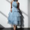 Blue Mesh Princess Dress: European & American Multi-Layer Ruffle Cake Dress