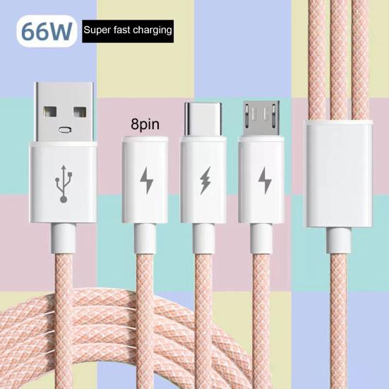 Fast Charging Cable 3-in-1 Anti-Winding with Smart Chip 66W 6A Multi-Device Support Charging Cable Phone Supplies