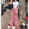 Spring Retro Wide-Leg High-Waist Plaid Pants - Women's Casual Red Floor-Length Style