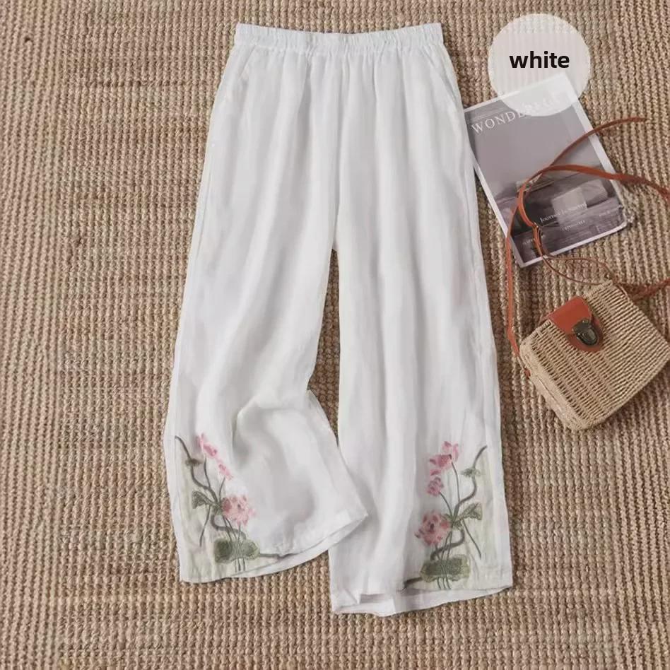 Women's Summer Chinese-Style Embroidered Elastic Wide-Leg Pants