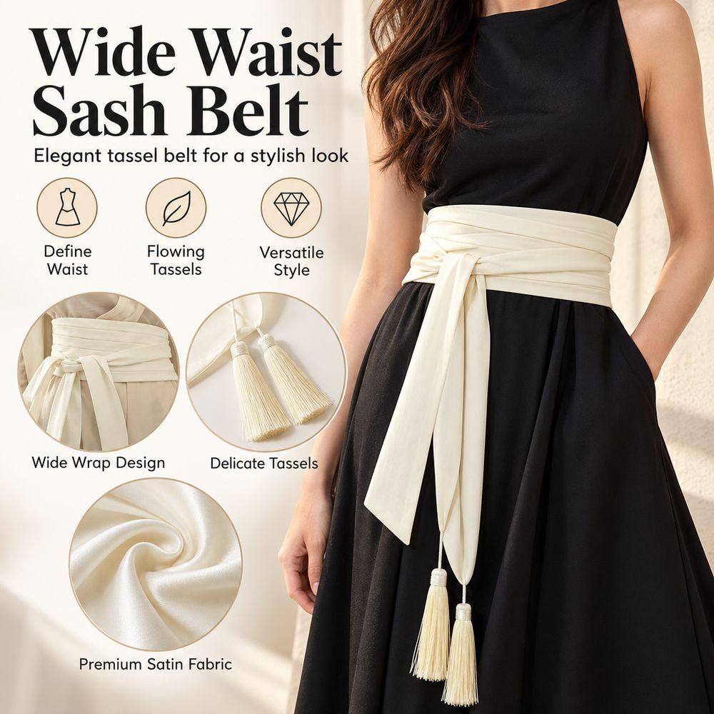 Black Color Wide Wrap Belt Soft Fabric Obi Belt New Waist Sash Belt Women