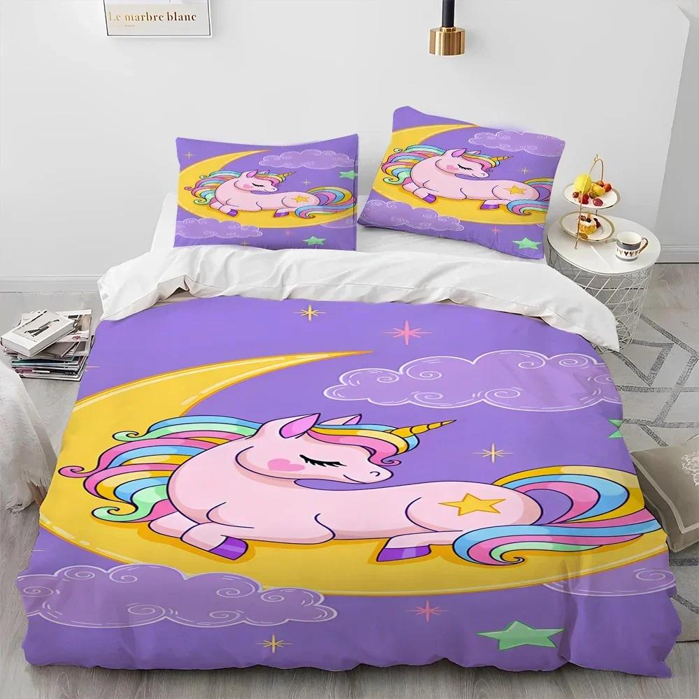 Luxury New 3D Print Unicorn Cute Cartoon Comforter Bedding Set,Duvet Cover Bed Set Quilt Cover Pillowcase,Queen Bedding Set