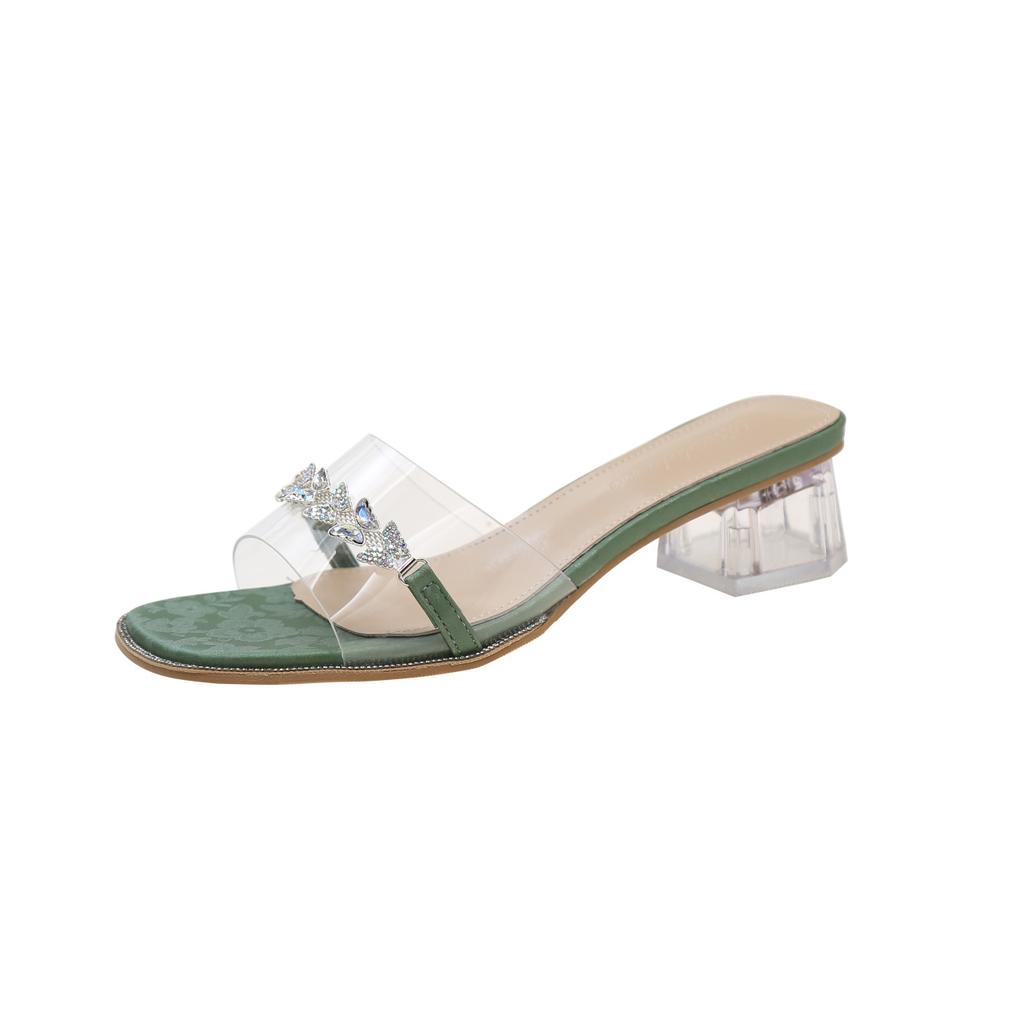 Прозрачные тапочки женские летние новые со стразами толстый каблук на одном слове хрустальные средний каблук крутые тапочки