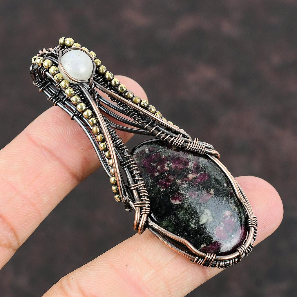 Медный кулон с эвдиалитом, подвеска из медной проволоки, ювелирные изделия ручной работы, подвеска с лунным камнем и драгоценным камнем, подарок для женщин, упаковка ювелирных изделий с эвдиалитом