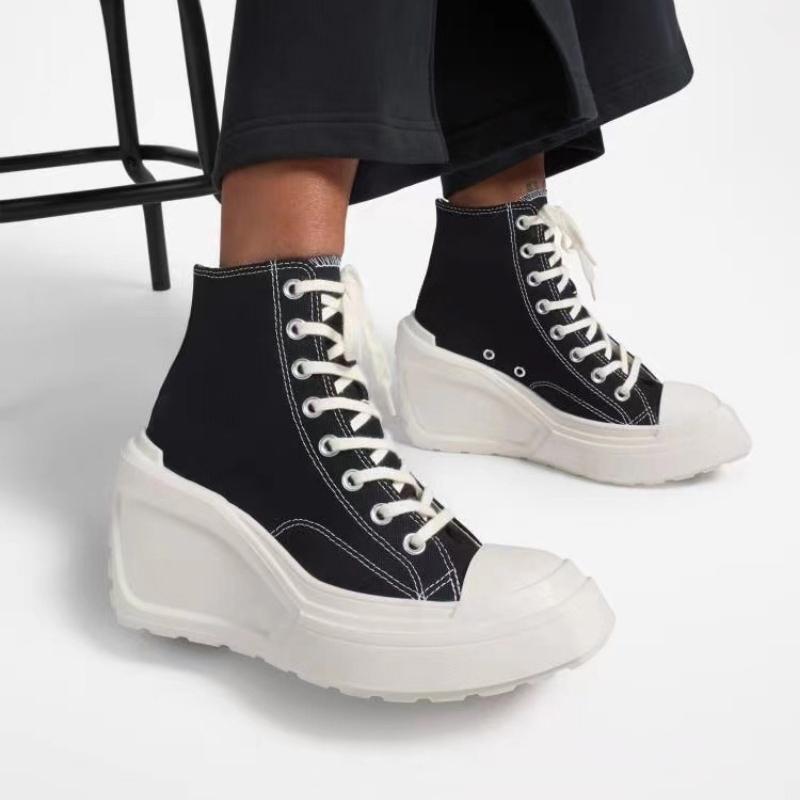 Модная женская дизайнерская обувь 2024 года, новые женские кроссовки на танкетке и толстой подошве, большие размеры, модные высокие парусиновые туфли на шнуровке