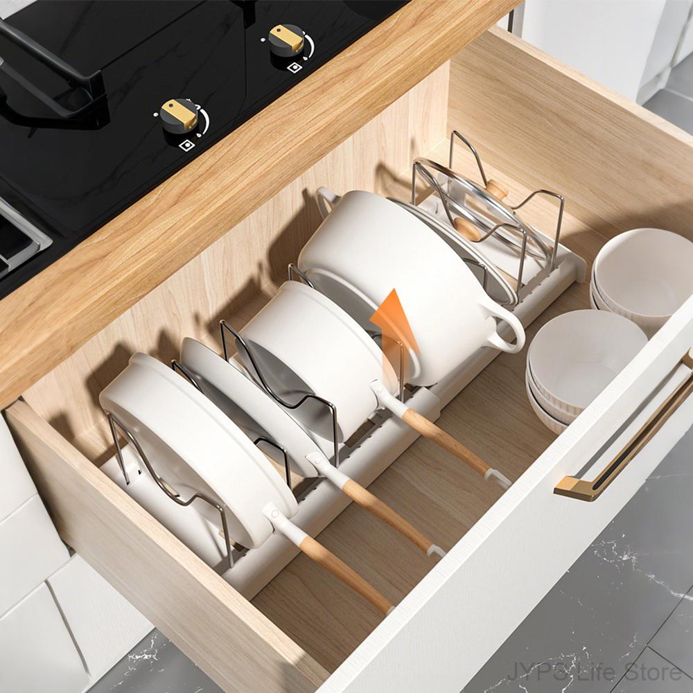 Expandable Pot Rack Organizer Multifunctional Pots And Pans Storage Organizer Space-saving Cabinet Holder for Dish Bowl and Lids