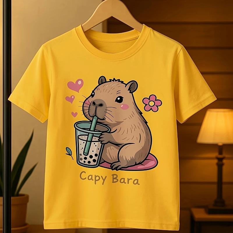 Halloween Cute Bear Drinking Cartoon Printed Pattern Summer Soft and Comfortable Short Sleeve T-shirt