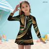 Женский слитный купальник с высоким воротником и длинным рукавом, с принтом, на молнии спереди, с юбкой по низу, Черный Зеленый Золотой