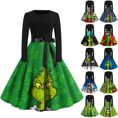 Женское модное повседневное платье с круглым вырезом и рождественским принтом и длинными рукавами