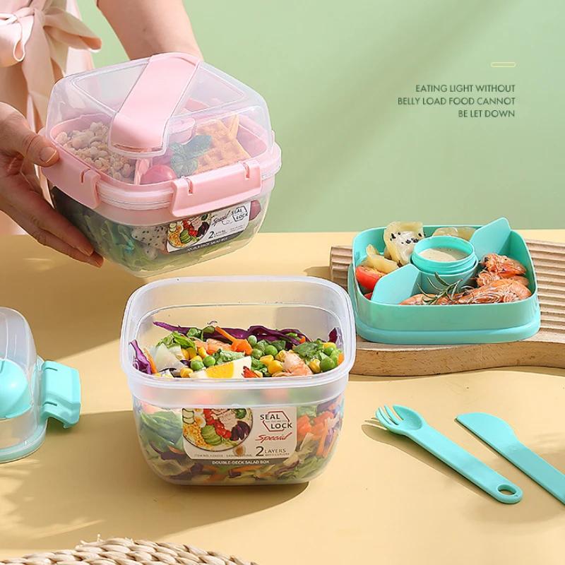Portable 2 Layer Salad Bowls Lunch Box with Fork Meal Prep Food Storage Container Fresh-keeping Sealed Leakproof Bento Lunchbox