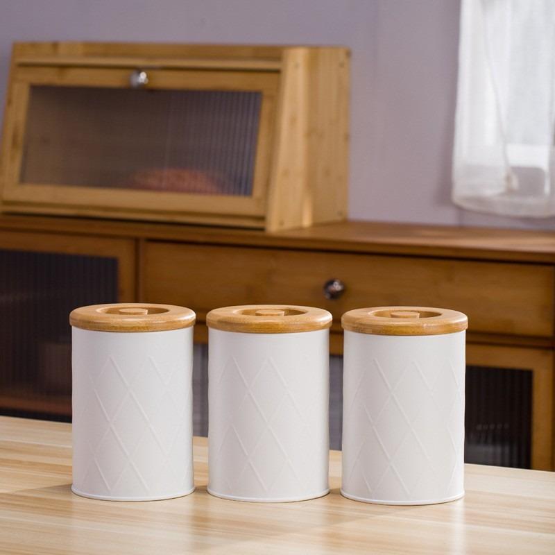 Household Reticulated Black Sealed Jar Coffee Bean Tea Bag Sugar Milk Grain Metal Storage Box Bamboo Lid Storage Jar