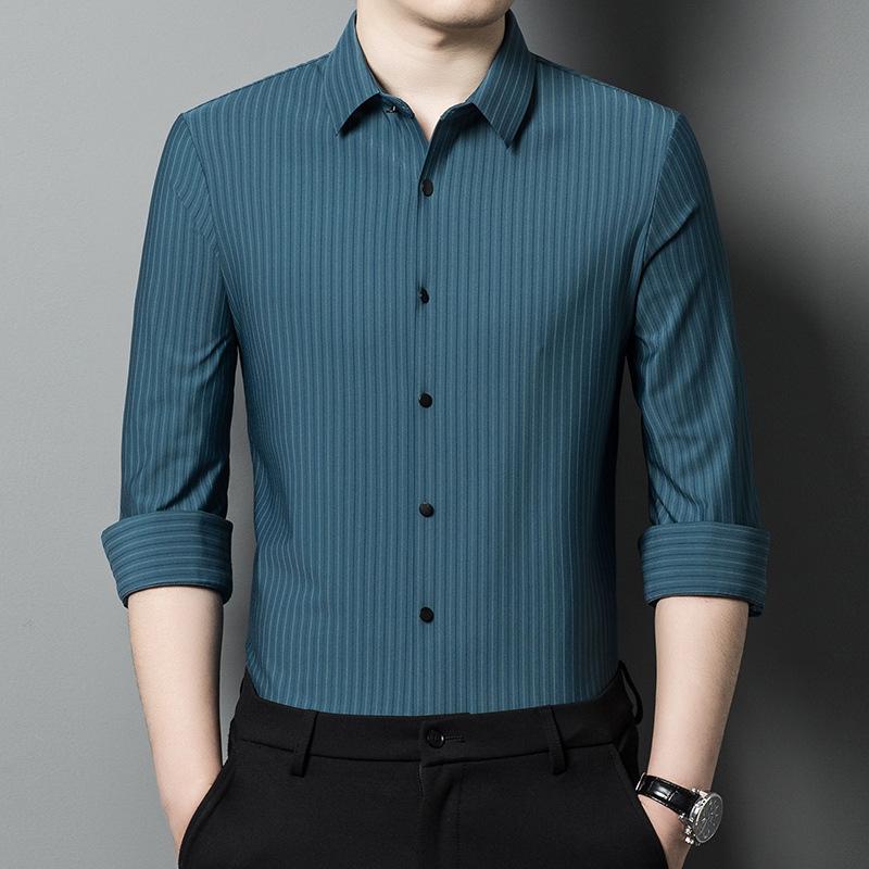 Spring and Autumn New Style Middle-aged Striped No-iron Shirt Men's Long-sleeved Thin Ice Silk Nylon Seamless Shirt Men's Clothing