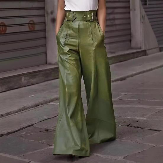 Женские расклешенные брюки, узкие, с высокой талией, свободными карманами, из искусственной кожи, с эластичной талией, с широкими штанинами, однотонные брюки для работы, отдыха, повседневной носки