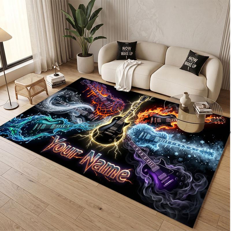 Music Guitar Theme Soft Crystal Velvet Rug Custom Name & Text Print Non Slip Floor Rug for Bedroom Living Room