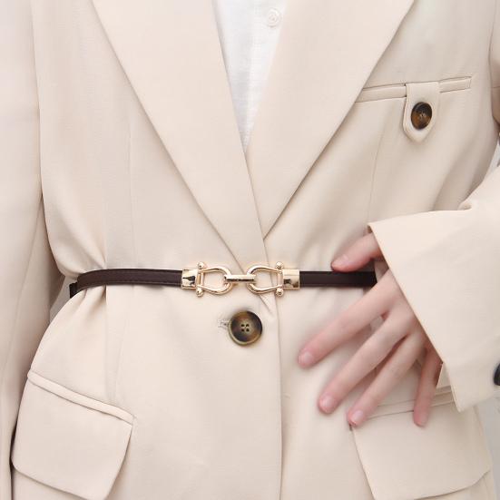 Женский тонкий тонкий ремень, пара пряжок, дизайн талии, поясной ремень с золотой пряжкой, регулируемая длина, ремень из искусственной кожи, аксессуары для одежды