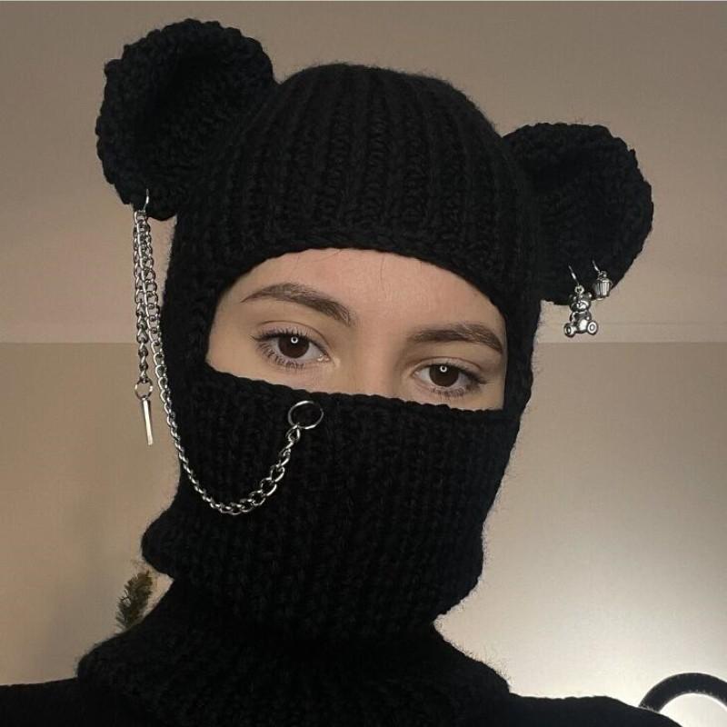 Handmade Knitted Cat Ear Pullover Hat Autumn and Winter Striped Cute Woolen Hat