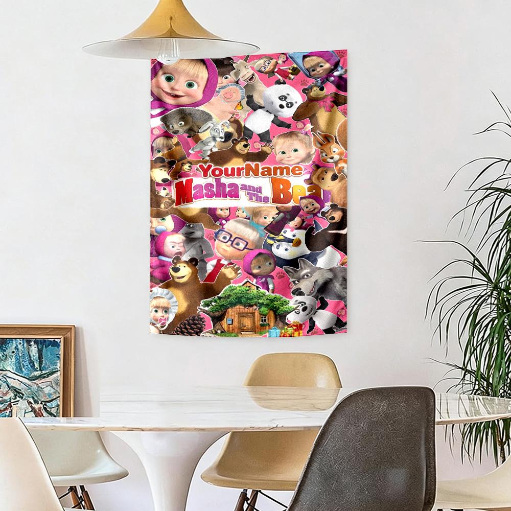 Маша и Медведь Персонализированный Декор Стены с Вашим Именем Гобелен Арт Для Памяти Питомца День Рождения Свадебная Вечеринка Фон Семейный Подарок
