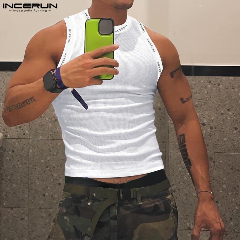 INCERUN Летние мужские спортивные майки без рукавов с принтом букв и спиной-борцовкой в рубчик, футболки