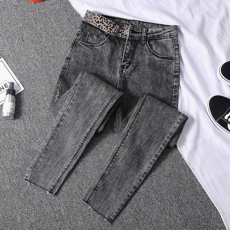 Новые женские узкие джинсы дымчато-серого цвета с высокой талией и эластичной строчкой с леопардовым принтом