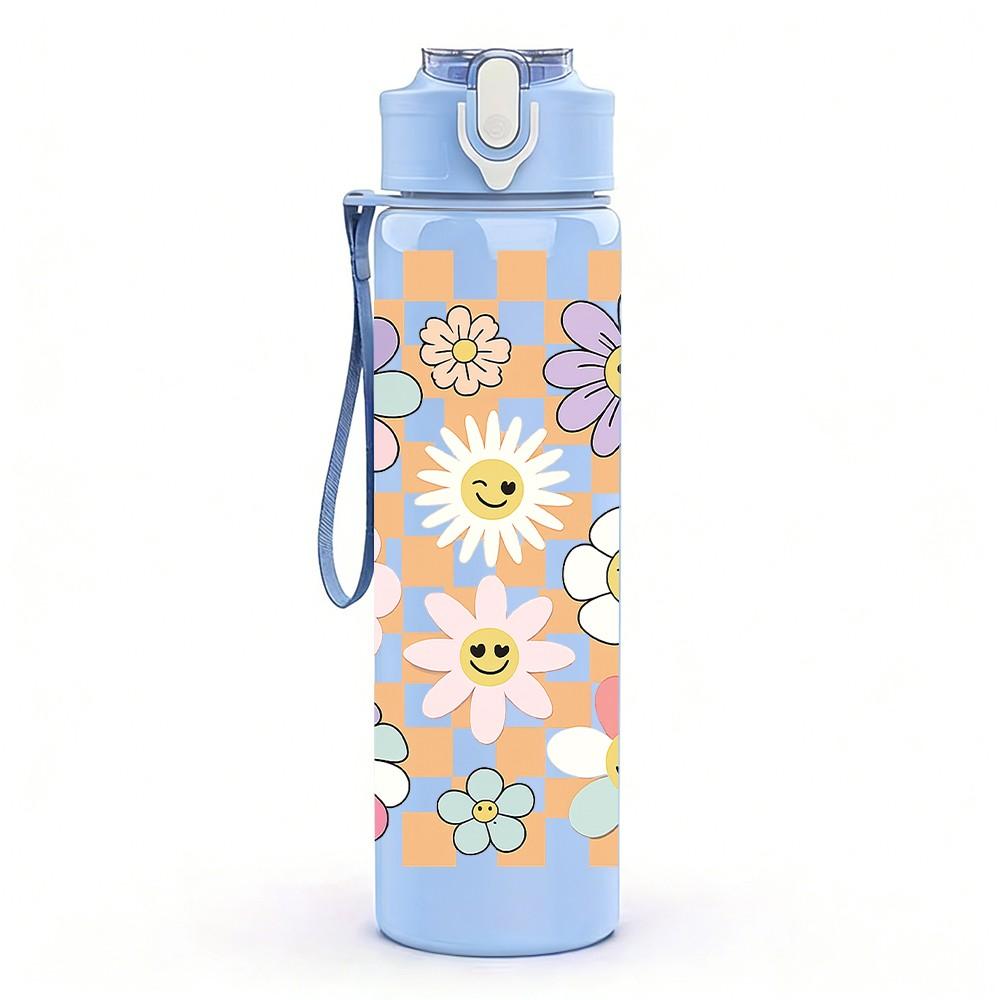 1PC Retro Checker Daisy Flower Print 750ml Color Plastic Sports Water Bottle Leakproof Flip Straw Lid Suitable for Sports Office Home Use
