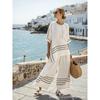 Japanese-style vertical stripe ramie bamboo fiber top for women, summer loose casual versatile V-neck shirt pants set