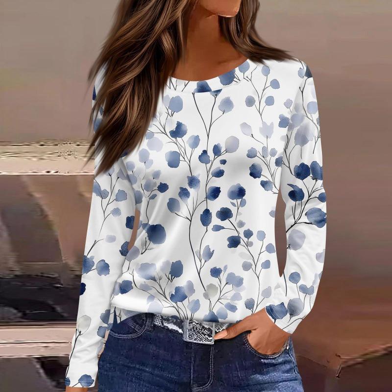 Women's Fashion Casual Slit Hem Round Neck Long Sleeve Loose Printed T-Shirt Ladies Top T-Shirts Women’s