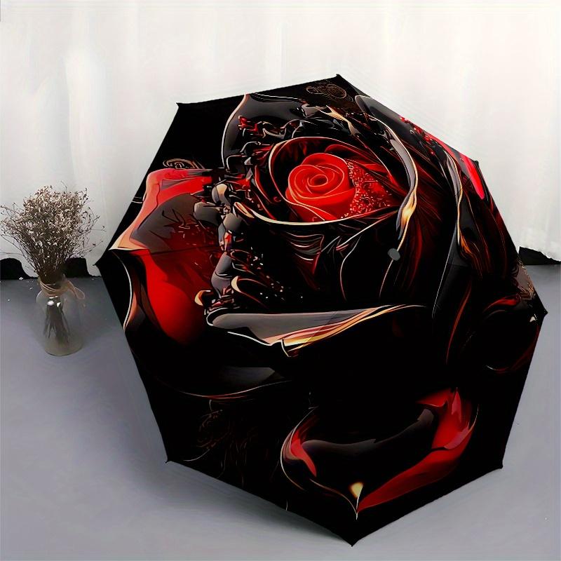 Black Rose Automatic Folding Umbrella 8 Ribs, Durable Iron Frame, Bright Color Pattern Compact Travel Umbrella, Suitable for Outdoor, Beach