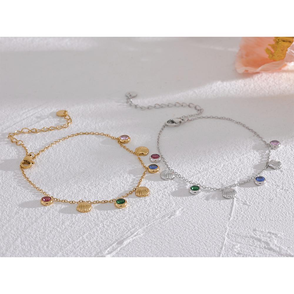 Yhpup Colorful Shiny Cubic Zirconia Shell Stainless Steel Summer Anklet Fashion Trendy Foot Chain Jewelry for Women Bijoux Femme