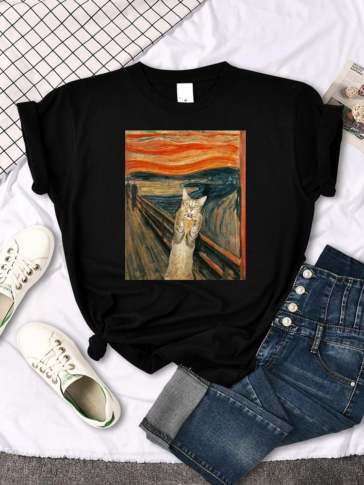 Mona Lisa T Shirts Funny Cat Lovely Cute Printed TShirt for WomenS Crewneck Gothic Women Tshirt Casual Female Tee Shirts