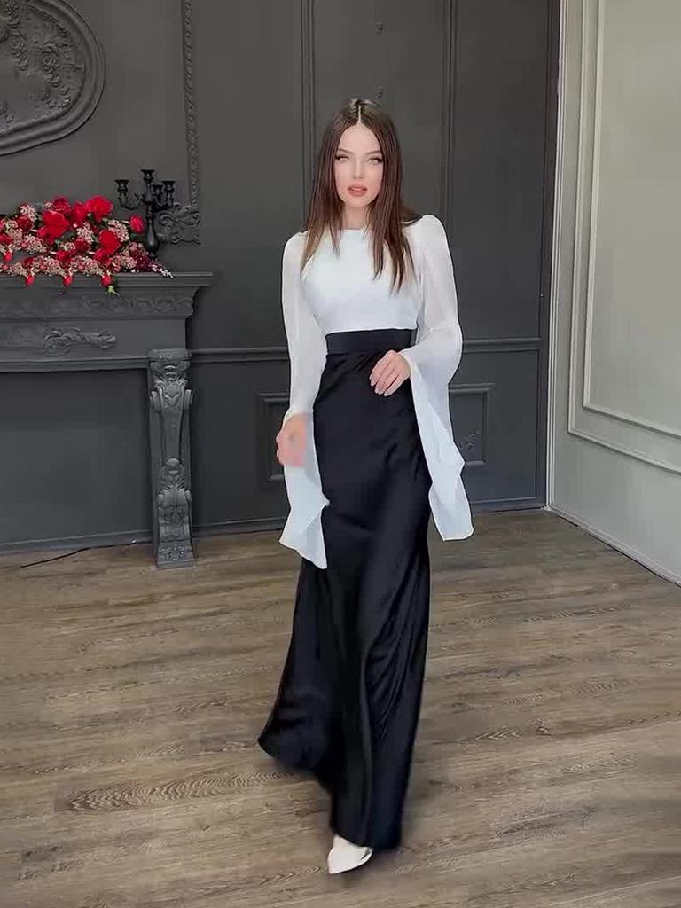 European & American 2024 Autumn Organza Satin Slim Dress with Large Swing Sleeves